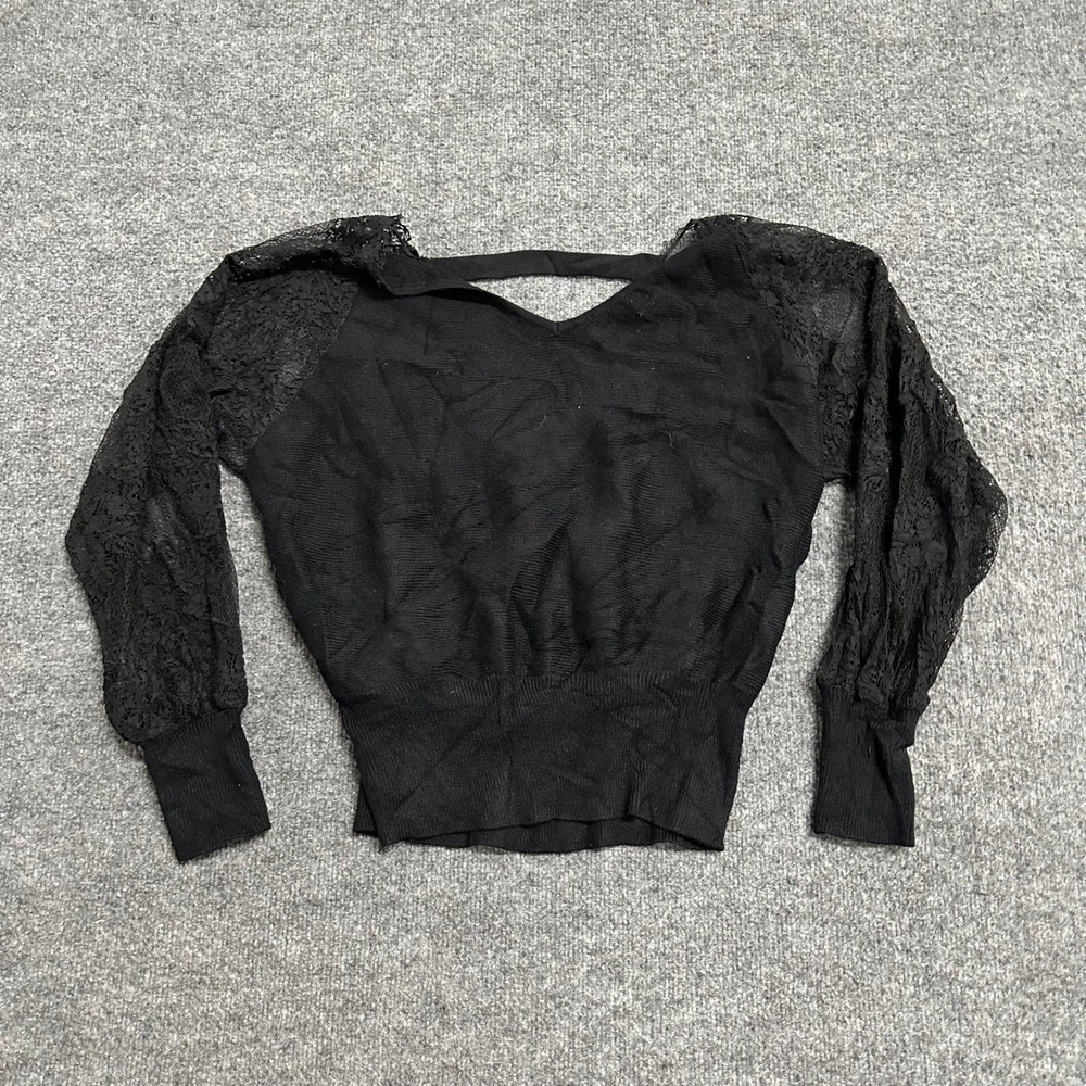 Blue Buttercup Sweater Womens Size L Black Viscose Lace Sleeve Ribbed Knit Top
